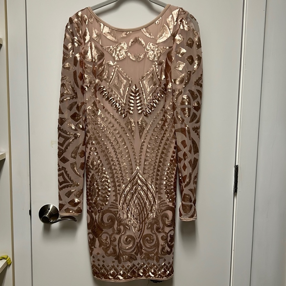 Dressy beige/ gold embroidery Mini Dress * Small